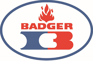Logo with text "BADGER" above a stylized blue and red "B" and flame, enclosed in an oval border, evoking the dynamic energy of Action Fire & Alarm.