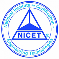 NICET logo features a blue triangle design encircled by the text "National Institute for Certification in Engineering Technologies," embodying excellence in fields like Action Fire & Alarm services.
