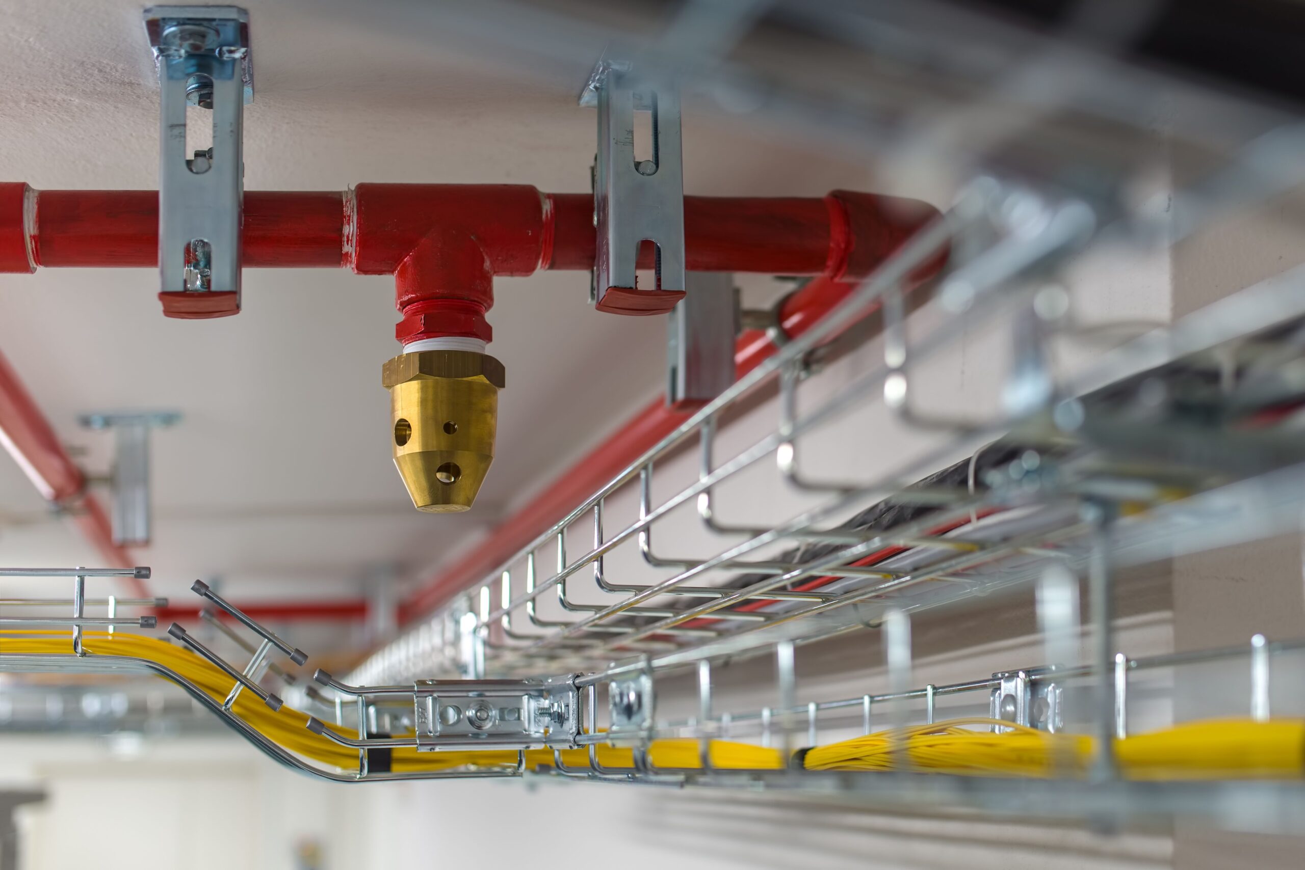 Close-up of a fire sprinkler head and red pipes above cable trays with yellow and gray electrical wires.